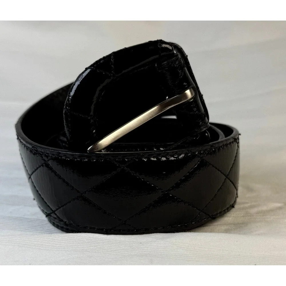 Talbots Black Patent Quilted Leather Belt Oval Buckle XS Genuine Leather